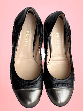 Prada Vitello Shine Cap Toe Logo Ballet Flats